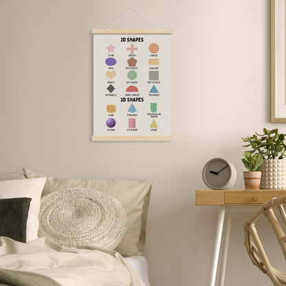 MOTERMATE 2D 3D Shapes Classroom Wall Art Poster for Teaching, Boho Toddler Room Decor, Learning Educational Poster Hanger Frame for Toddlers, Preschool Playroom Wall Hanging Banner Decor,12x16 Inch