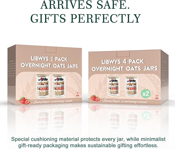 LIBWYS 2 Pack Overnight Oats Containers with Bamboo & Stainless Steel Lids, 15oz Meal Prep Jars - Double Walled High Borosilicate Glass jars for Overnight Oats, Chia Pudding & Salad