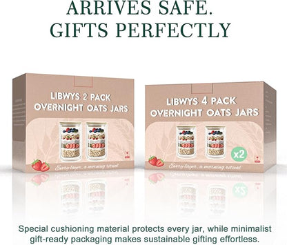 LIBWYS 2 Pack Overnight Oats Containers with Bamboo & Stainless Steel Lids, 15oz Meal Prep Jars - Double Walled High Borosilicate Glass jars for Overnight Oats, Chia Pudding & Salad