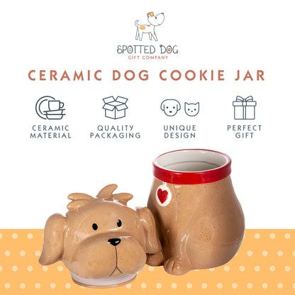 SPOTTED DOG GIFT COMPANY Ceramic Cookie Jar with Lid, Large Dog Treat Jar for Cookies & Biscuits, Cute Novelty Storage Container for Kitchen Counter, Gifts for Dog Lovers - 49oz Brown