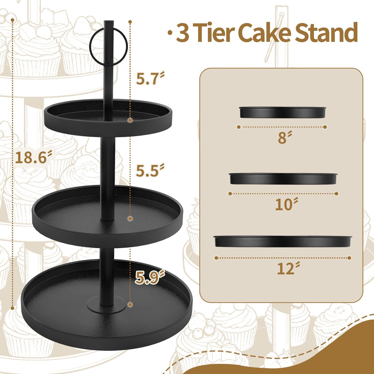 OugeWood Cupcake Stand for 50 Cupcakes,Cupcake Stand Metal 3 Tier Cupcake Tower Black Tiered Tray Stand Cupcake Holder Stand Cake Stand Serving Trays Dessert Stands with Handle for Party
