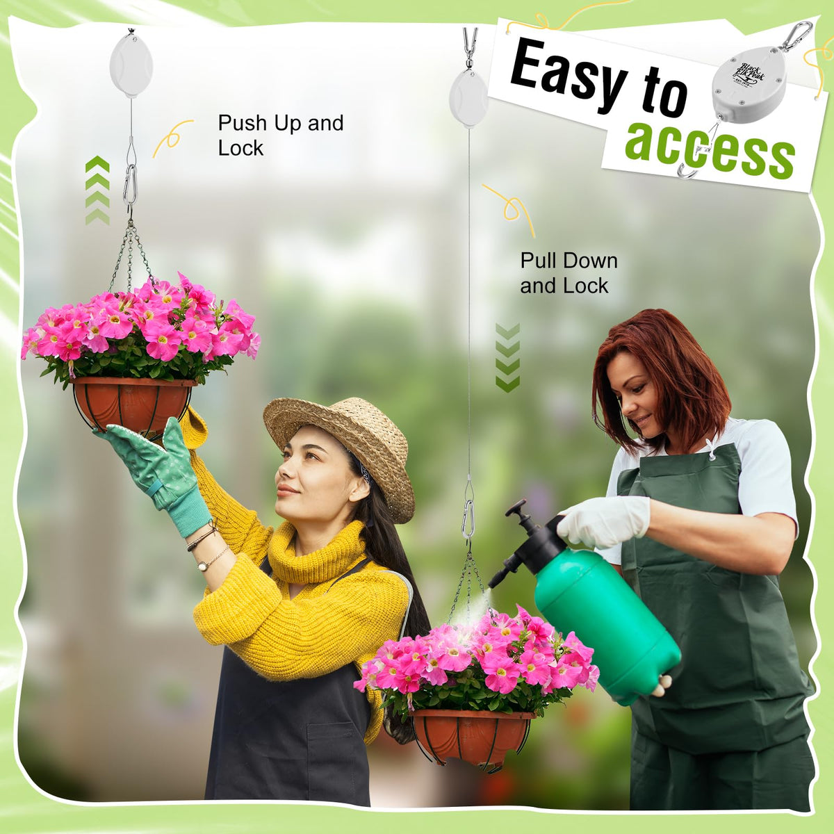 Plant Pulleys for Hanging Plants, Heavy Duty Retractable Hangers, 304 Stainless Steel Rope, Auto Plant Holder, Adjustable Climbing Hook for Garden Baskets Watering, or Bird Feeders 2PC (White)