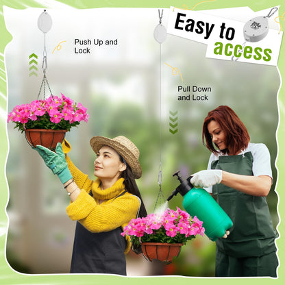 Plant Pulleys for Hanging Plants, Heavy Duty Retractable Hangers, 304 Stainless Steel Rope, Auto Plant Holder, Adjustable Climbing Hook for Garden Baskets Watering, or Bird Feeders 2PC (White)