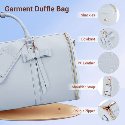 Garment Bags for Travel, Convertible Suit Travel Bag for Women, Stylish Carry On Garment Bag with Toiletry Pocket, Shoulder Strap and Shoes Compartment, 2 in 1 Foldable PU Leather Duffle Bag, Blue