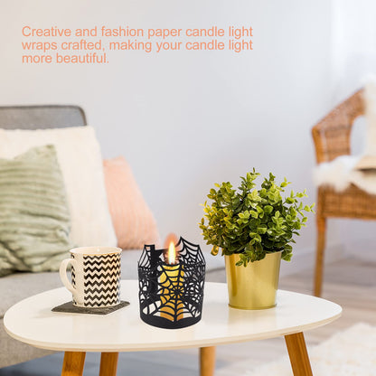 50Pcs Candle Wraps Halloween Tea Light Votive Cut Decorative Wraps Spiderweb Paper Candle Holder for LED Battery Tealight Candles Halloween Party Decorations