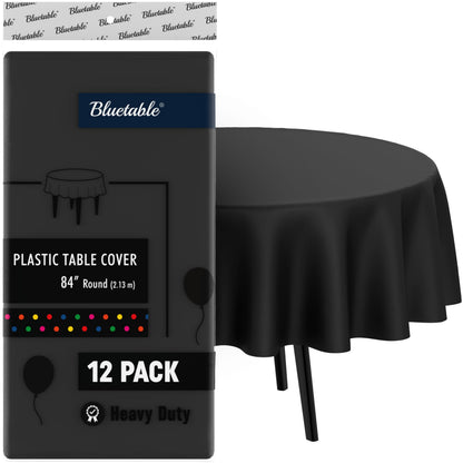 Round Black Tablecloths Plastic Disposable (12 Pack) Bulk Table Cloth (84” Inches) 4, 5, or 6 Foot Round Tables (Manteles para Fiestas) Christmas Parties Halloween Party Tablecloth [12 Pack]