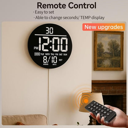 JALL 10" Large Digital Wall Clock with Seconds, Alarm Countdown Timer, Big LED Display, RGB Color, DST, Temperature, Mounted for Bedroom Living Room Office Classroom Gym, Xmas Birthday Gift, White