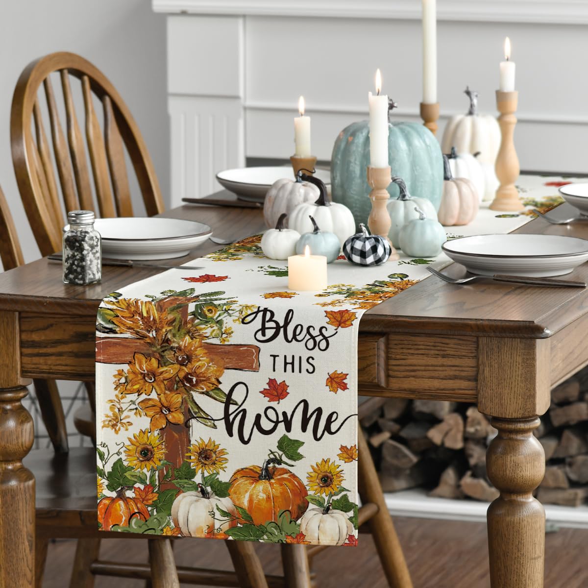Artoid Mode Cross Pumpkins Fall Table Runner, Bless This Home Seasonal Autumn Kitchen Dining Table Decoration for Home Party Decor 13x120 Inch