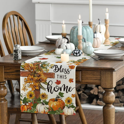 Artoid Mode Cross Pumpkins Fall Table Runner, Bless This Home Seasonal Autumn Kitchen Dining Table Decoration for Home Party Decor 13x120 Inch