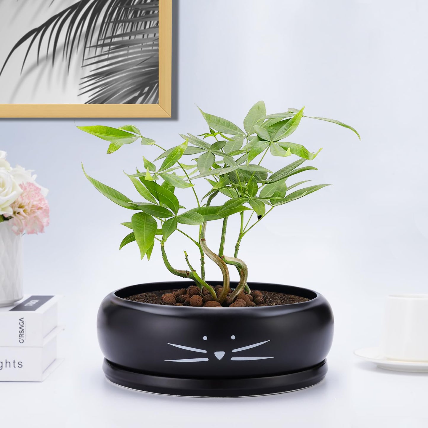 Koolkatkoo 8 Inch Cat Ceramic Succulent Planter Pot with Drainage Hole and Tray Flower Pot for Indoor and Outdoor Plants Round Shallow Planter Gifts for Cat Lovers Black
