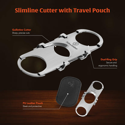 Guillotine Cigar Cutter – Premium Guillotine Cigar Cutter with Stainless Steel Finish, Dual-Ring Ergonomic Grip, Compact Travel-Friendly Design, PU Leather Pouch, Gift-Ready Box – Ash & Ember