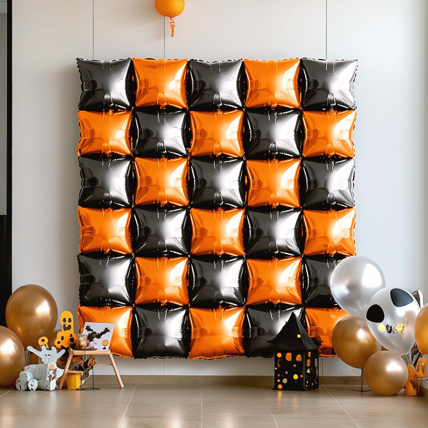 NISOCY 25PCS Halloween Black Orange Square Foil Balloons Wall Backdrop Double Sided Black Orange Balloons Arch Kit for Birthday Graduation Baby Shower Anniversary Party Decorations