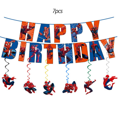 Cartoon spidey - themed birthday party supplies: "Happy Birthday" banner, 12inch latex balloons , 2 types of aluminium balloons hanging swirls,assemble the aluminum balloon