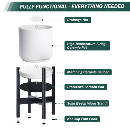 D'vine Dev Ceramic Planter with Ebony Stand - 10 Inch Modern Round Flower Pot with Wood Planter Holder, White, 55-B-L-1