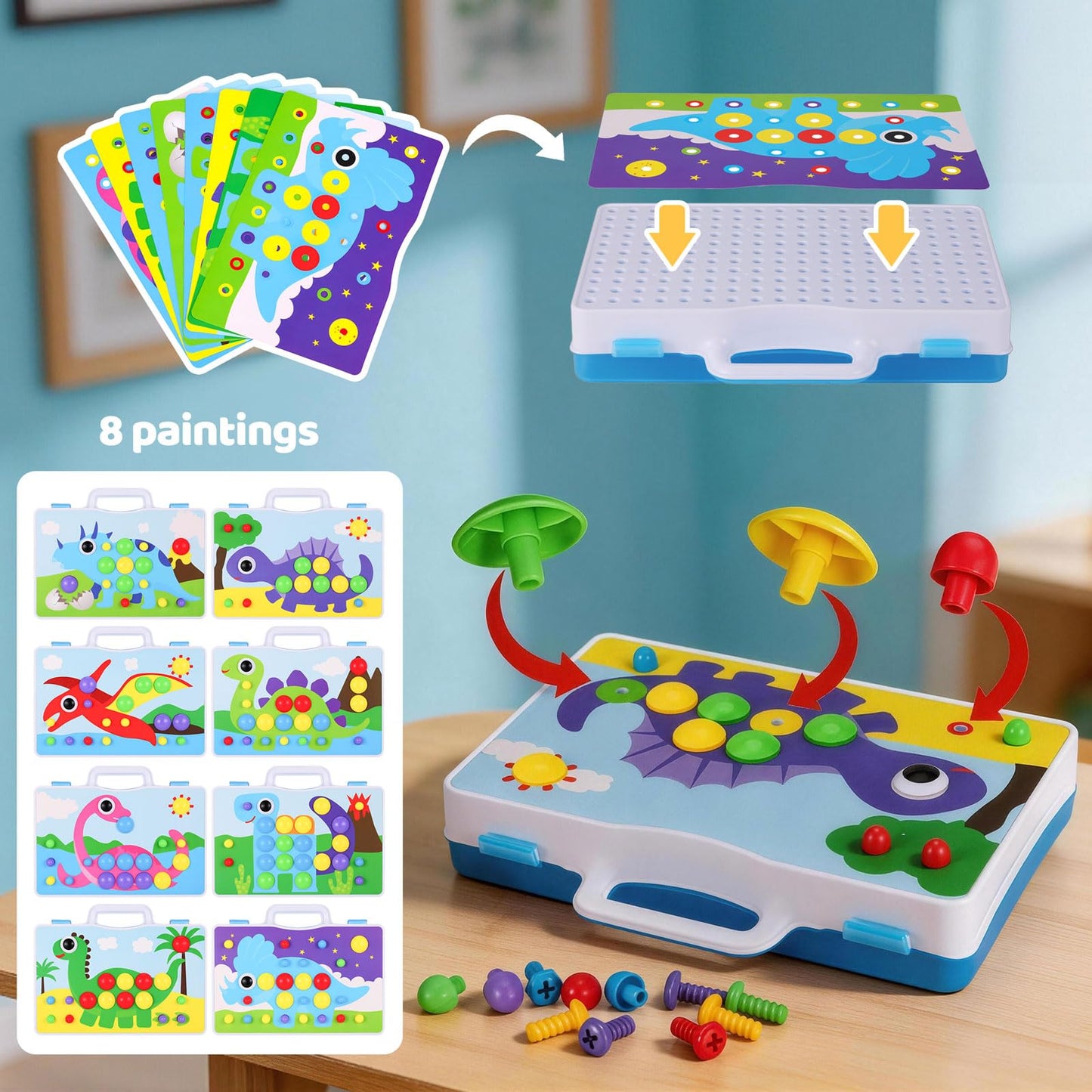 224 PCS STEM Building Toys for Kids Ages 4-8, Creative Mosaic Drill Set with Electric Drill & Screwdriver, 2D/3D Building Blocks Kit, Educational Birthday Gift for 5 6 7 8 9 10 Year Old Boys Girls
