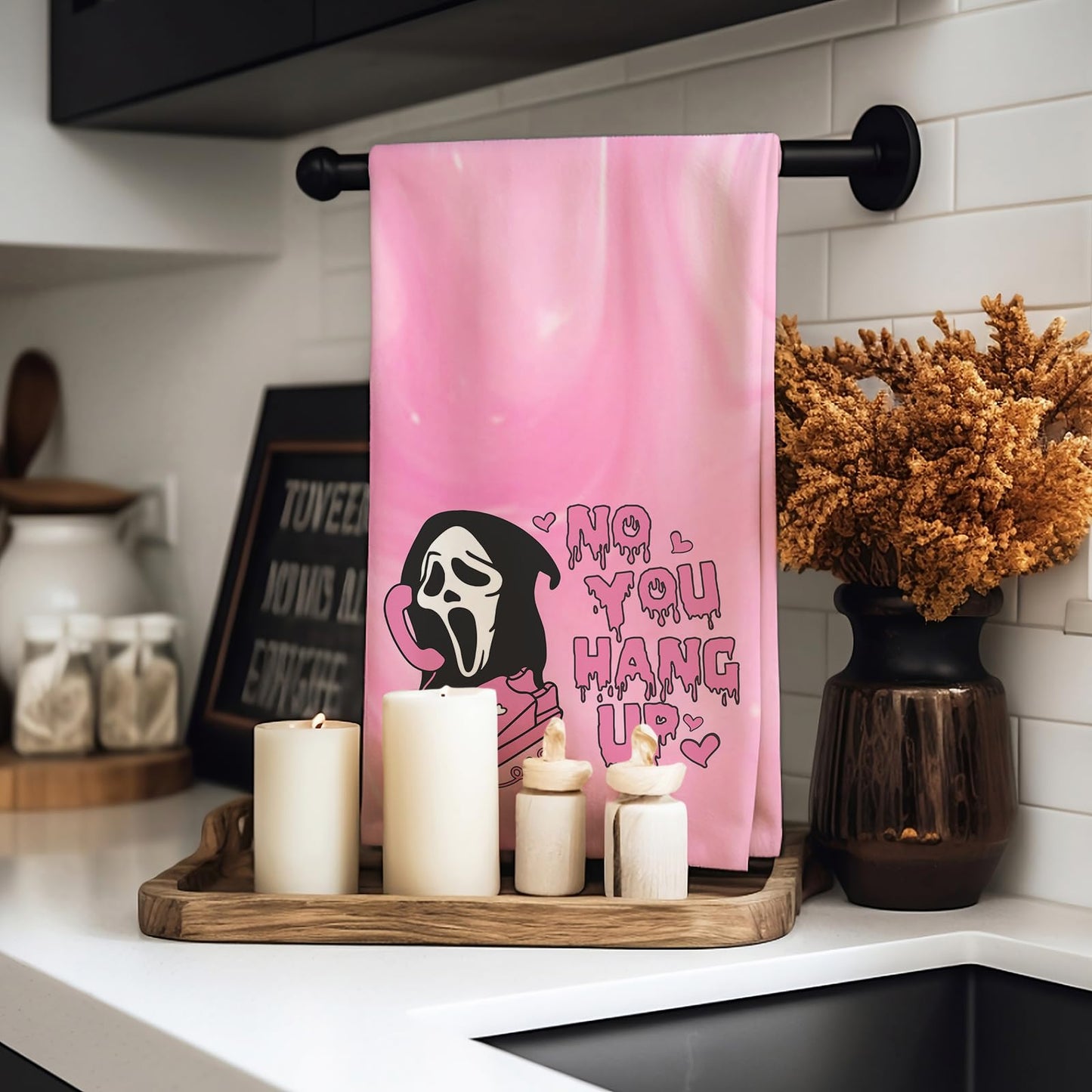 No You Hang Up Pink Ghost Kitchen Towels Dish Towels, 16 x 24 Inch Halloween Ultra Absorbent Drying Cloth Tea Towels for Cooking Baking Set of 2