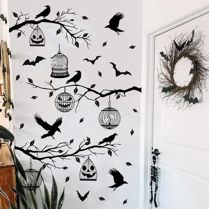 Halloween Wall Decals Black Tree Branches Bat Wall Stickers Large Removable Halloween Wall Clings Decor DIY Art for Home Wall Window Door