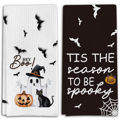 Foggolight Ghost Pumpkins Bats Cat Hey Boo Halloween Waffle Weave Kitchen Towels, 16x24 Inches