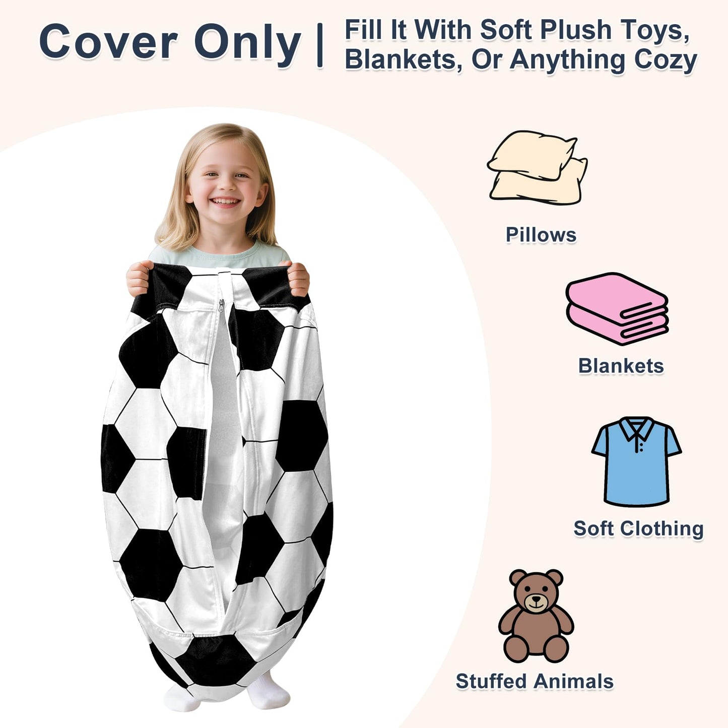 Lukeight Soccer Stuffed Animals Storage Bean Bag Chair Cover for Kids, Cozy Velvet Plush Toy Organizer Seat, Cover Only, No Filling Included, Long YKK Zipper, Side Pocket, X-Large 30 x 18 in