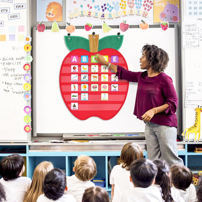 Large Pocket Chart for Classroom, 27 ½＂x 33 ⅞" Apple Shaped Hanging Pocket Charts for Kids, Back to School Supplies for Teacher, Pocket Charts with 6 Sentence Strips Holder (Red)