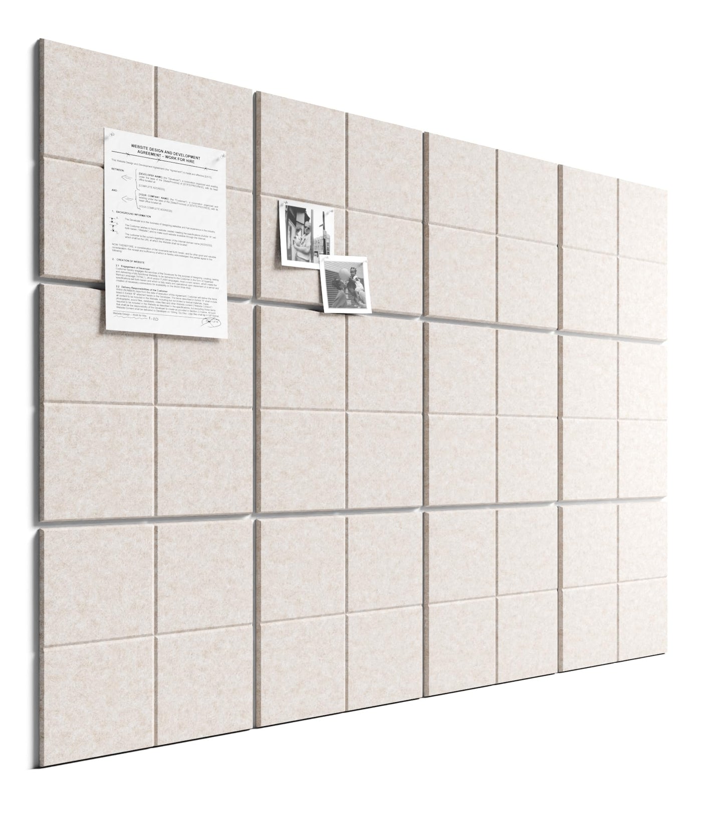 Bumusty Large Felt Bulletin Board, 48" x 36" Cork Board Alternative, 12-Pack Wall Tiles with 4-Compartment Design, 30 Push Pins, 70 Adhesive Tabs, Ideal for Office & Home Decor, Oatmeal