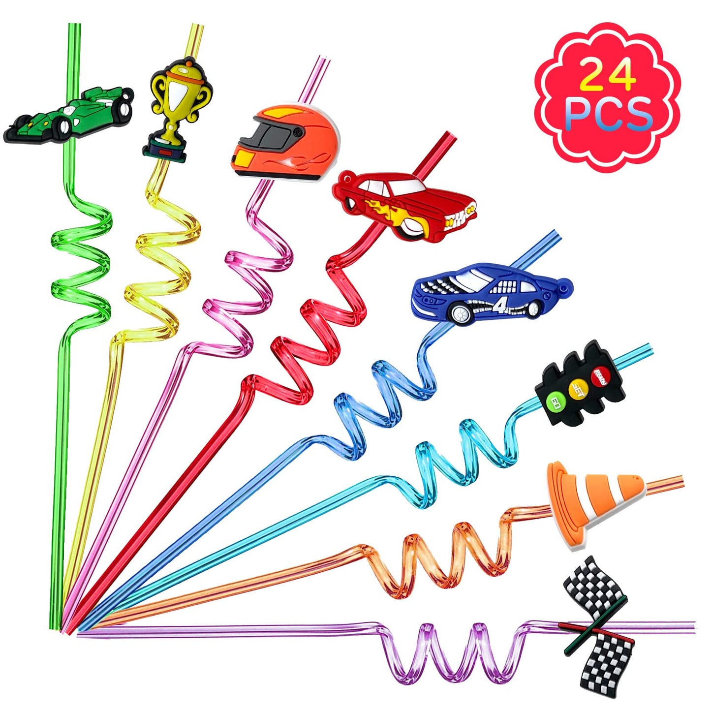 24Pcs Race Car Reusable Straws Party Decorations Birthday Party Supplies Drink Markers with 2Pcs Cleaning Brushes