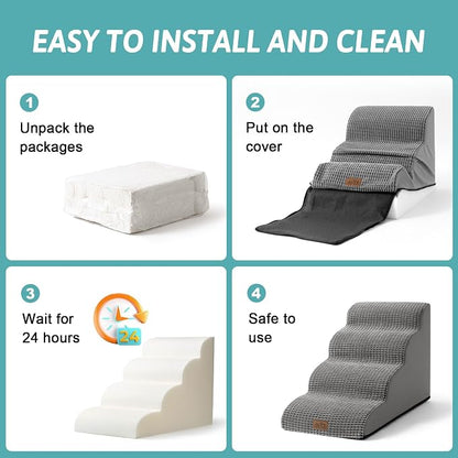 COZY KISS Dog Stairs for Small Dogs 15.7" H, Curved Dog Step for Puppy, Older Cat, Medium Pet Ramp for Sofa, Couch or Chair, Ladder with High Density Foam, 3 Step, 15.7x22.4x15.7 inch, Dark Grey