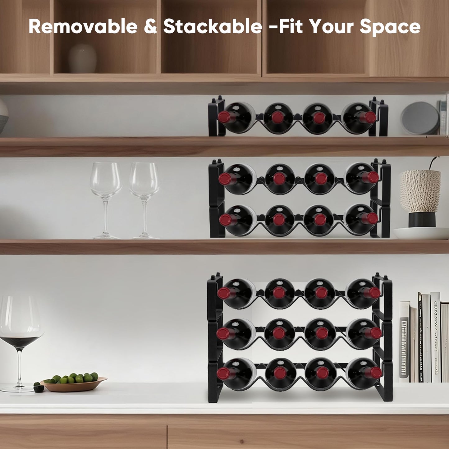 HRUSGO Wine Rack for Countertop – Stackable Freestanding Bottle Organizer for Kitchen, Pantry, Bar Cabinet & Small Spaces – Compact Metal Shelf & Modular Storage Stand (2 Tier)