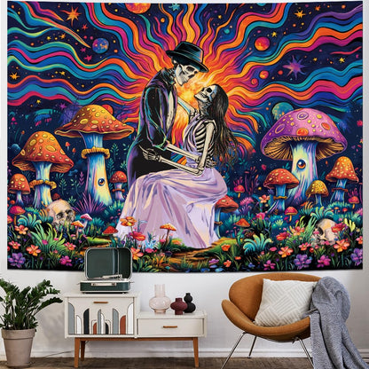 Heopapin Blacklight Skull Tapestry UV Reactive Neon Mushroom Wall Hanging Fantasy Galaxy Space Tapestries Skeleton Lovers Plants Floral Tapestry for Bedroom 59.1L x 51.2W