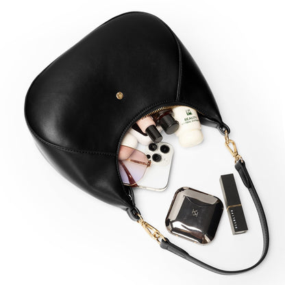TOPEAST Purses for Women, Crescent Shoulder Bag, Small Soft Leather Trendy Hobo Handbags with Crescent Snap & Removable Strap for Everyday Going Out, Black Purse