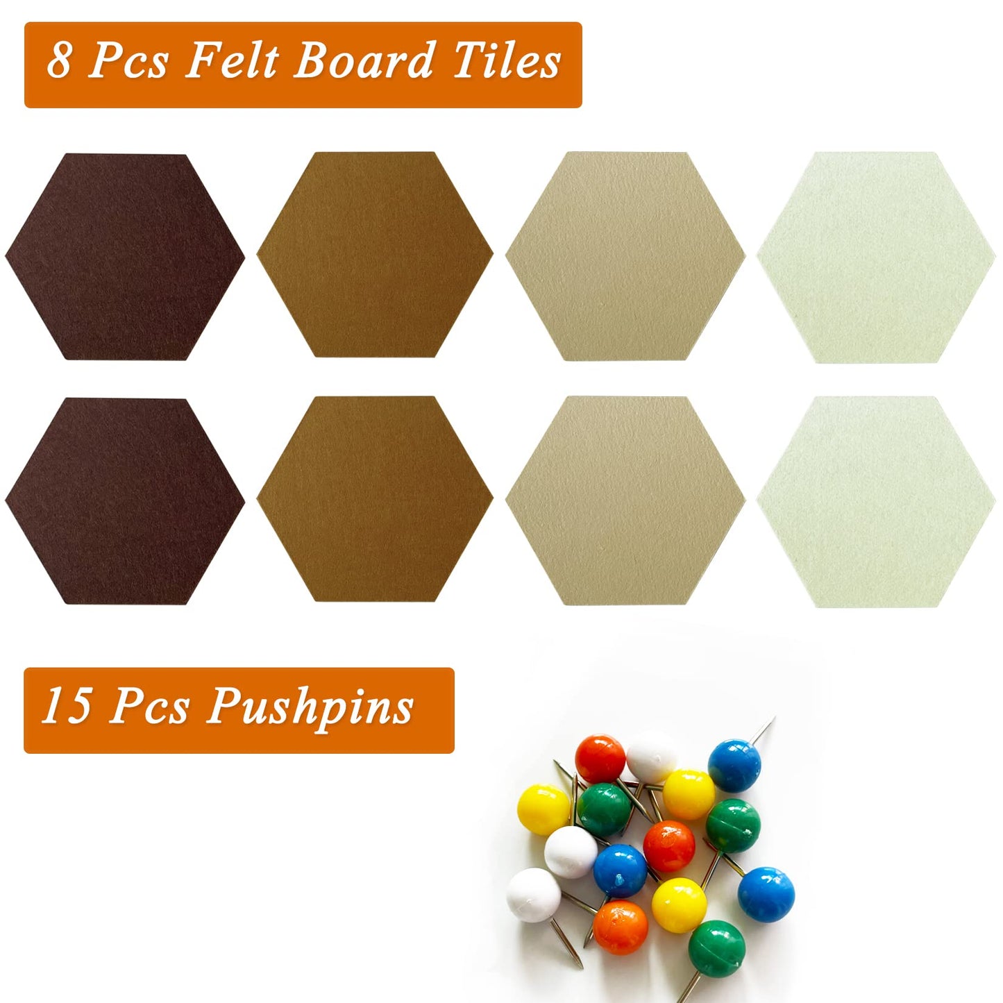 HULAVO 8 Pcs Hexagon Felt Cork Bulletin Board Tiles, Self Adhesive DIY Bulletin Board Pin Board for Office School Home Wall Decor Memos Photos Display (Gradual Brown)