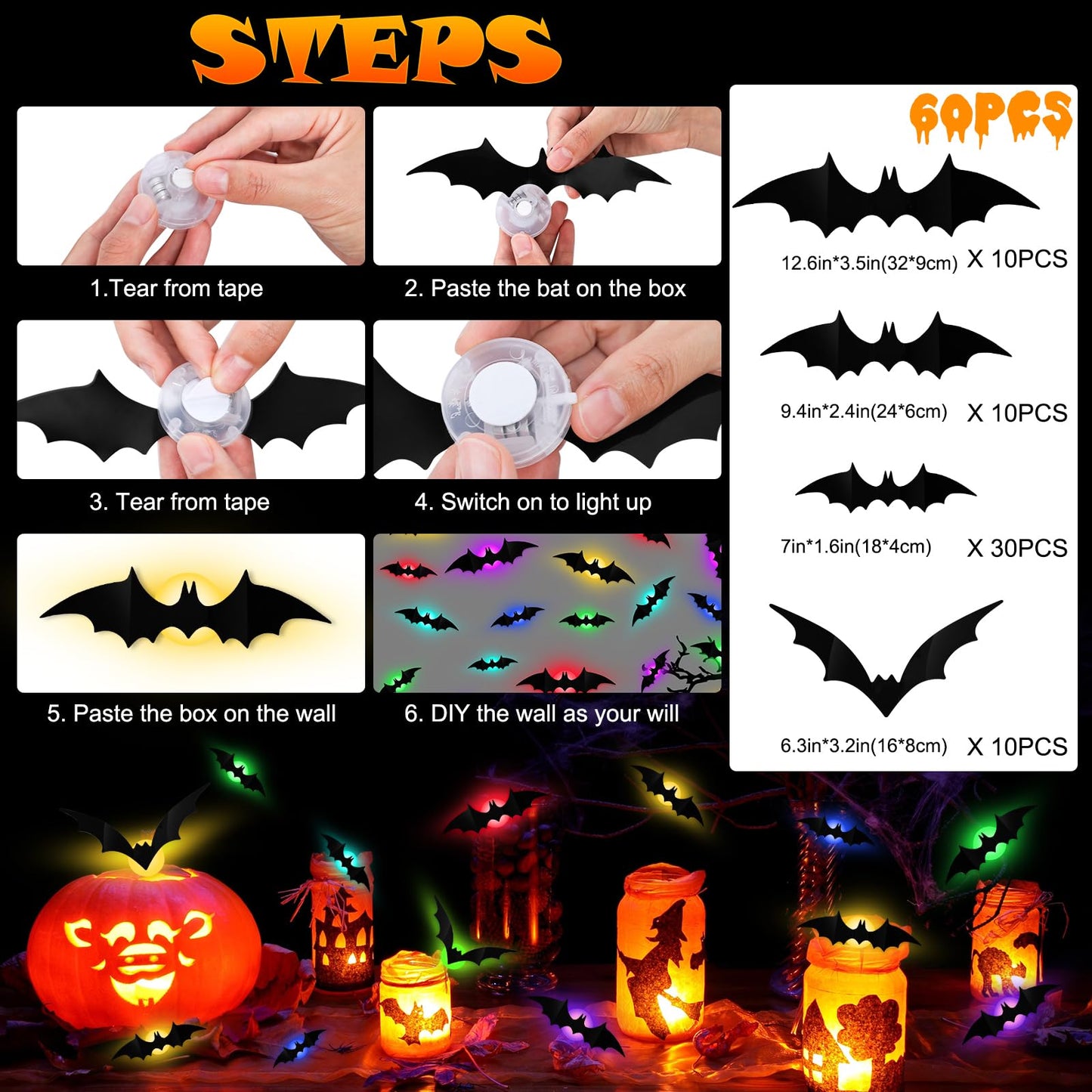 LeeSky 60 Pack Halloween 3D Lighted Bats Wall Decor, 3D Light Up Halloween Bats Wall Stickers for Halloweens Outdoor Indoor Bedroom Window Home Decals