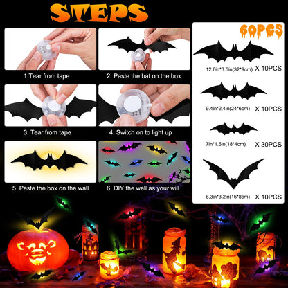 LeeSky 60 Pack Halloween 3D Lighted Bats Wall Decor, 3D Light Up Halloween Bats Wall Stickers for Halloweens Outdoor Indoor Bedroom Window Home Decals