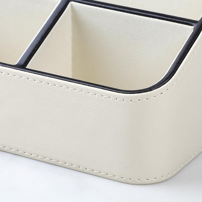 MEIBOOCH Remote Control Holder, PU Leather Small Desk Organizer with 4 Compartments, Nightstand Organizer Office Desk Accessories Desk Caddy for Countertop Bedside End Table (Cream)
