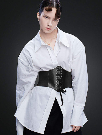 Glamorstar Corset Belt for Women Lace-up Leather Elastic Belts for Dresses Wide Tied Waspie Cincher Belts 85cm Black