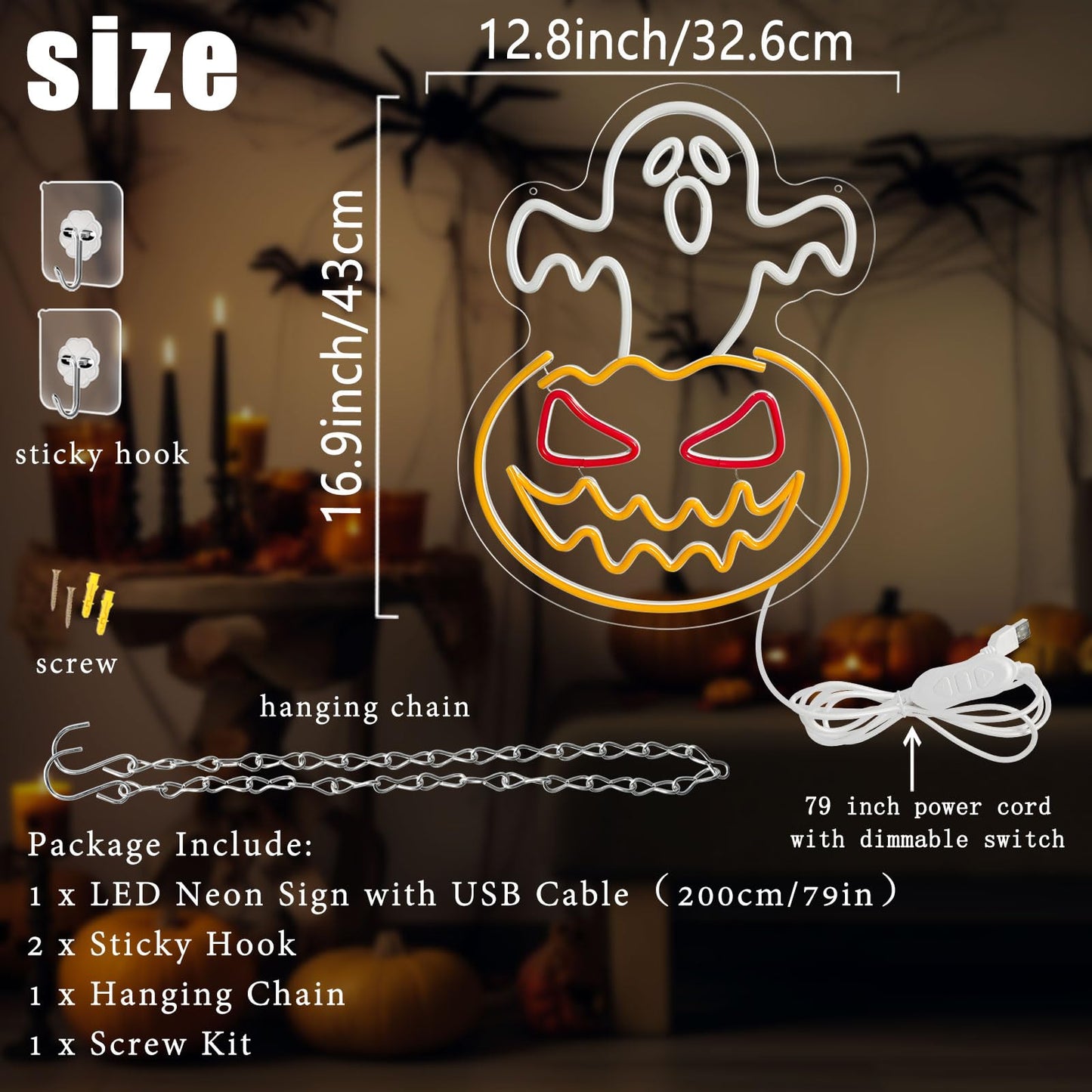 Halloween Ghost Pumpkin Neon Sign,Ghost Face Neon Light Spooky Pumpkin Neon Light Up Signs Dimmable LED Halloween Skull LED Sign for Bedroom Game Room Mancave Bar Halloween Party