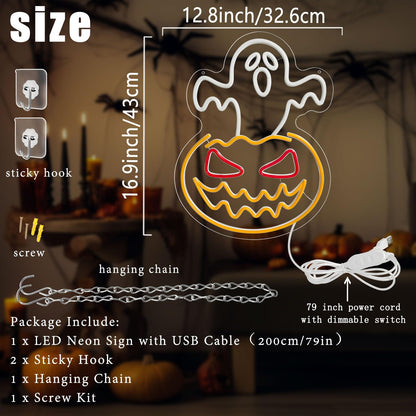 Halloween Ghost Pumpkin Neon Sign,Ghost Face Neon Light Spooky Pumpkin Neon Light Up Signs Dimmable LED Halloween Skull LED Sign for Bedroom Game Room Mancave Bar Halloween Party