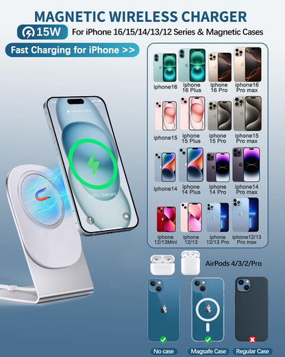Magnetic Wireless Charger Mag-Safe Charger for iPhone 16/15/14/13/12 Series Convertible Magnet Wireless Charging Stand/Pad with 5ft Cable for iPhone and AirPods 2/3/Pro 2/Pro