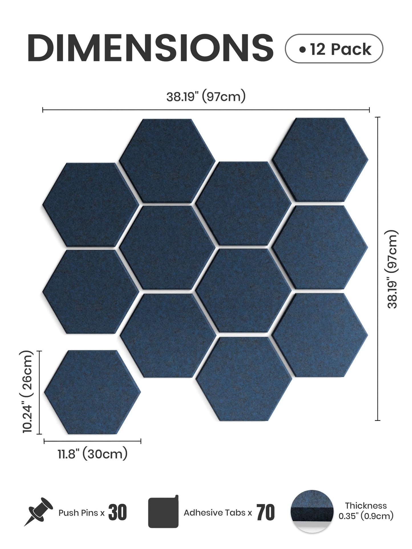 Fluxynara Hexagon Cork Board Alternative for Walls Decor-12-Pack Felt Bulletin Board Tiles,with 30 Pushpins,70 Adhesive Tabs for Office,Classrooms & Home Pin Board Felt Board-Carbon Blue