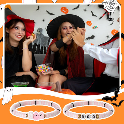 Huquary 48 Pcs Halloween Bracelet Set Party Favors Pink Ghost Boo Clay Bead Bracelets Cute Decorations Clay Ghost Signs for Halloween Gifts for Women Friend Boo Basket Stuffers Goodie Bag Stuffers
