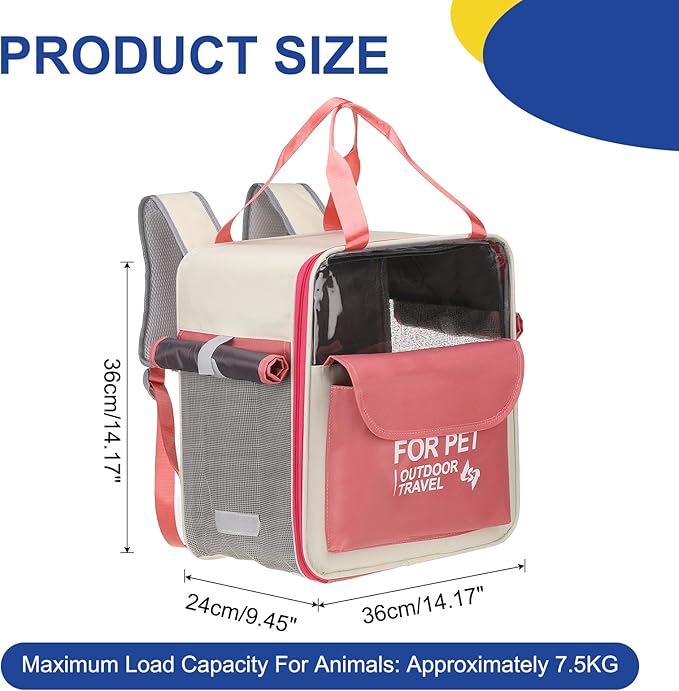 Pet Backpack Carrier, Portable and Ventilated, Oxford Cloth, Dogs Cats and Small Animals Travel Bag 13.39" Up to 16.5 Lbs, (Pink), Intended for Hiking/Camping/Traveling