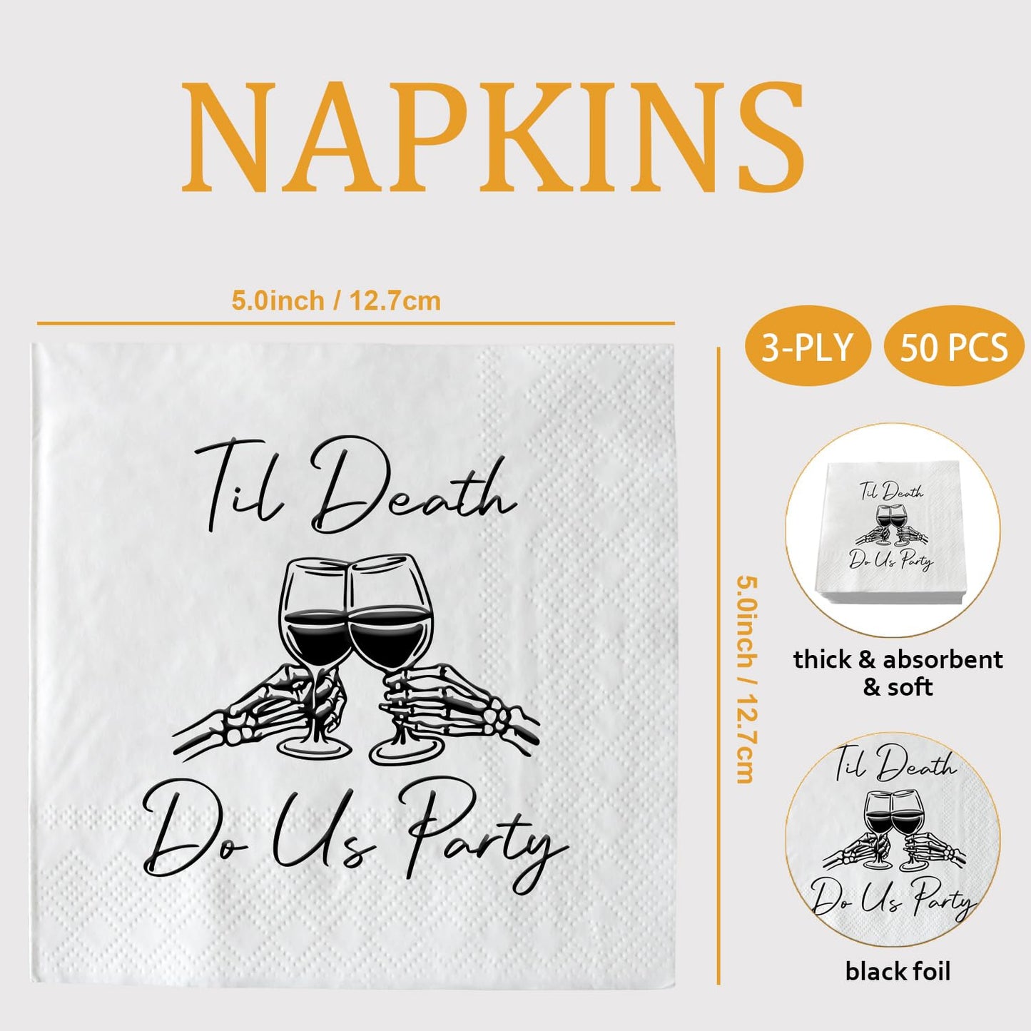 XIUHUBA Til Death Do Us Party Napkins, 50 Pack Black and White Halloween Skeleton Skull Cocktail Napkins for Funny Engagement Bachelorette Wedding Bridal Shower Party Decorations, 3-Ply