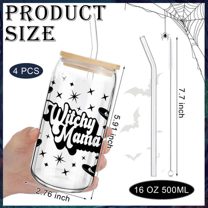 SiliFine 4 Pcs Halloween Glass Cups with Lid and Straw 16 oz Drinking Glasses Halloween Iced Coffee Cups Can Shape Ghost Spiderweb Skeleton Mug Tumbler for Women Men Birthday Party Favor Gift