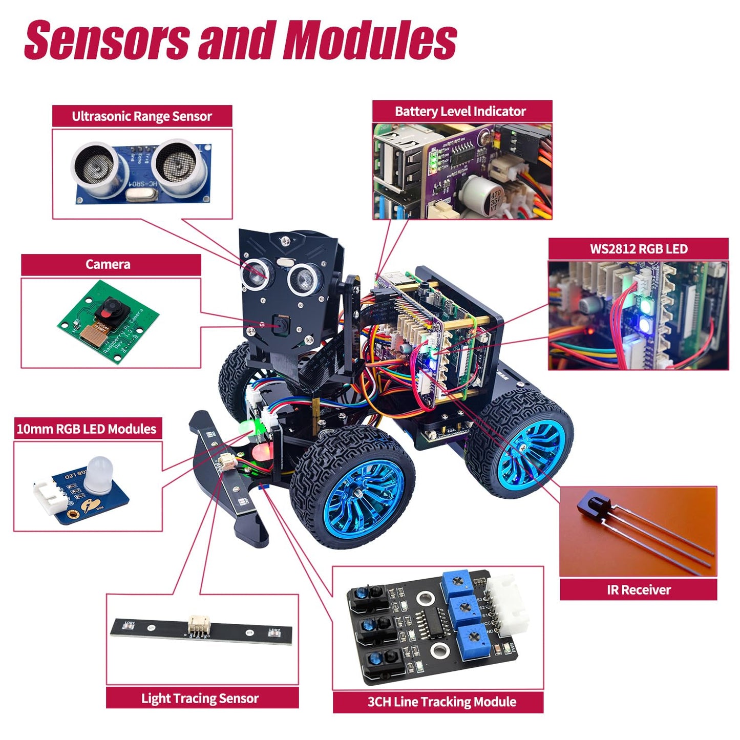 Adeept PiCar-B Mars Rover Smart Car Kit for Raspberry Pi 5/4B/3B/3B+, Obstacle Avoidance, Line Tracking, Light Tracing, Camera, Speech Recognition, Python, PDF Tutorials(Raspberry Pi NOT Included)