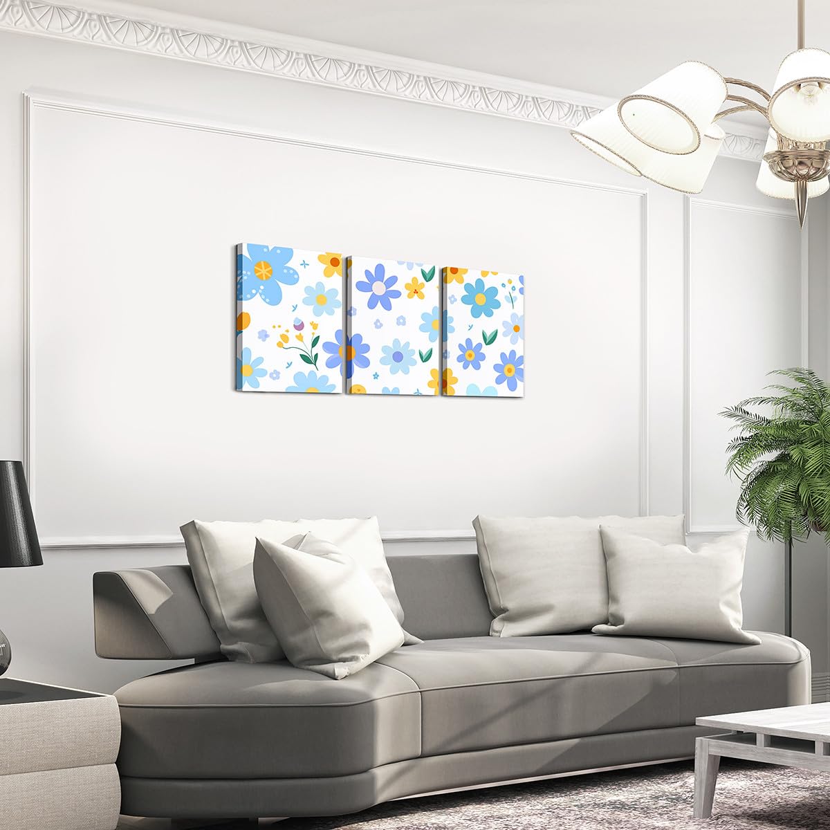 Feelyou Cute Flower 3 Piece Canvas Wall Art for Living Room Bedroom Cartoon Cute Floral Office Decor Artwork Blue Yellow Wall Art for Home Decor Kawaii Picture Posters