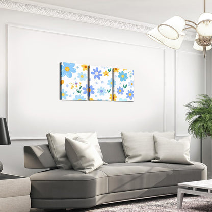 Feelyou Cute Flower 3 Piece Canvas Wall Art for Living Room Bedroom Cartoon Cute Floral Office Decor Artwork Blue Yellow Wall Art for Home Decor Kawaii Picture Posters