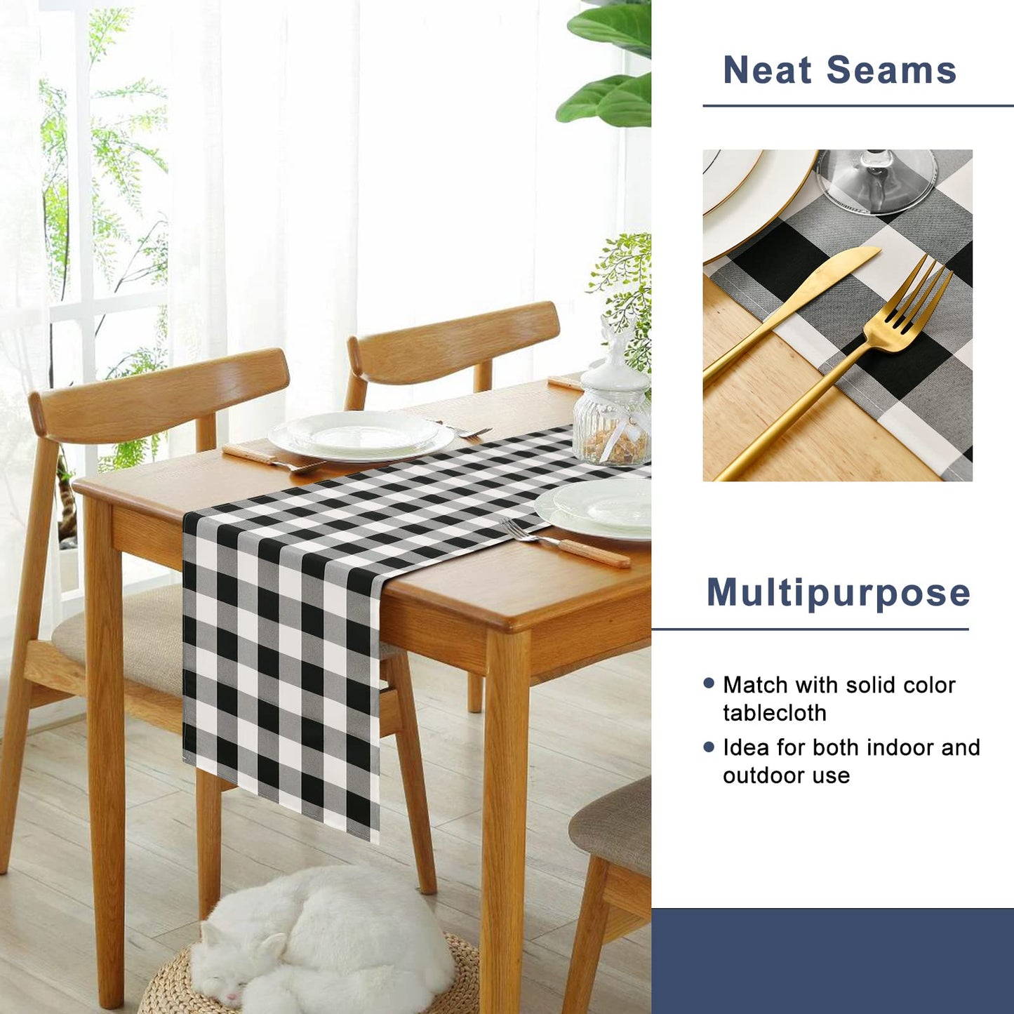 Hiasan Buffalo Plaid Table Runner, Classic Farmhouse Tabletop Collection, Waterproof Table Runner for Kitchen Dining, Banquet, Restaurant, Outdoor Use, 14W x 48L, Black and White, 1 Piece