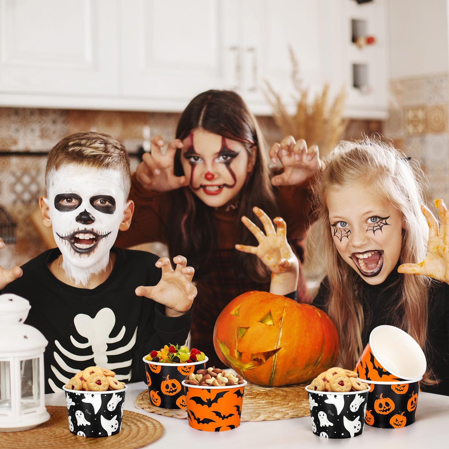 Whaline 60Pcs Halloween Treat Snack Cups Grimace Pumpkin Ghost Bat Pattern Disposable Paper Bowls 9oz Orange Black Paper Cups Dessert Ice Cream Bowls for Halloween Movie Party Favor Supplies, 3 Style