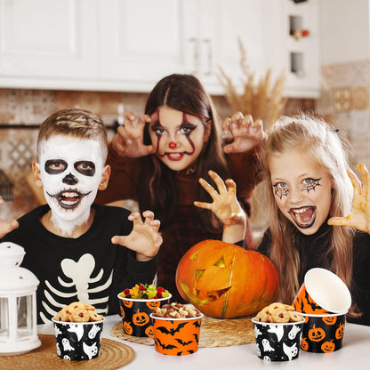 Whaline 60Pcs Halloween Treat Snack Cups Grimace Pumpkin Ghost Bat Pattern Disposable Paper Bowls 9oz Orange Black Paper Cups Dessert Ice Cream Bowls for Halloween Movie Party Favor Supplies, 3 Style