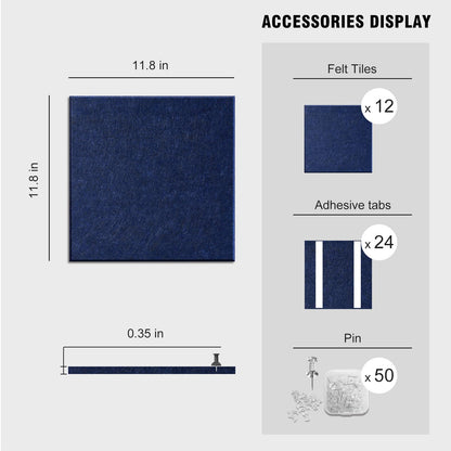 TSJOFFICE Large Cork Board for Wall - 48" x 36" Bulletin Board with 50 Pushpins for Office Decor, Pin Board 12 Pack Felt Wall Tiles with Safe Removable Adhesive Tabs, Corkboard for Home - Navy Blue